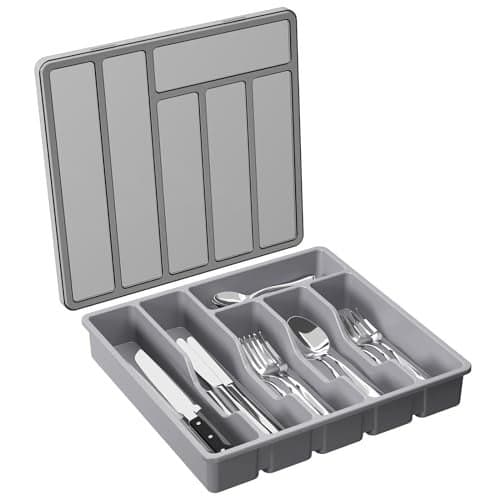 Lifewit Silverware Organizer with Lid, Covered Utensil Tray for Kitchen Drawer and Countertop, Plastic Cutlery and Flatware Storage Box for Spoons Forks Knives Holder Case, 6 Compartments, Gray