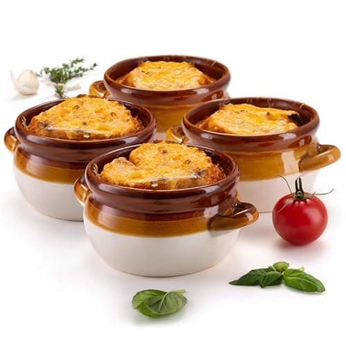 KooK French Onion Soup Bowl, French Onion Soup, Crock, Oven Safe Bowl, Ceramic, Handles, Stoneware, Dishwasher, Microwave, Oven & Broil Safe 16oz Standard Capacity & 18oz Full Capacity Set of 4