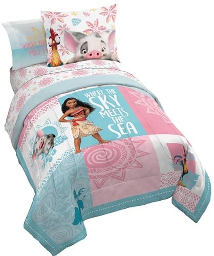 Jay Franco Disney Moana Twin Comforter Set Tropical Patchwork 5 Piece Bedding Features Pua and HEI HEI Includes Sheet Set Pillow Covers Super Soft Kids Microfiber Bed Set