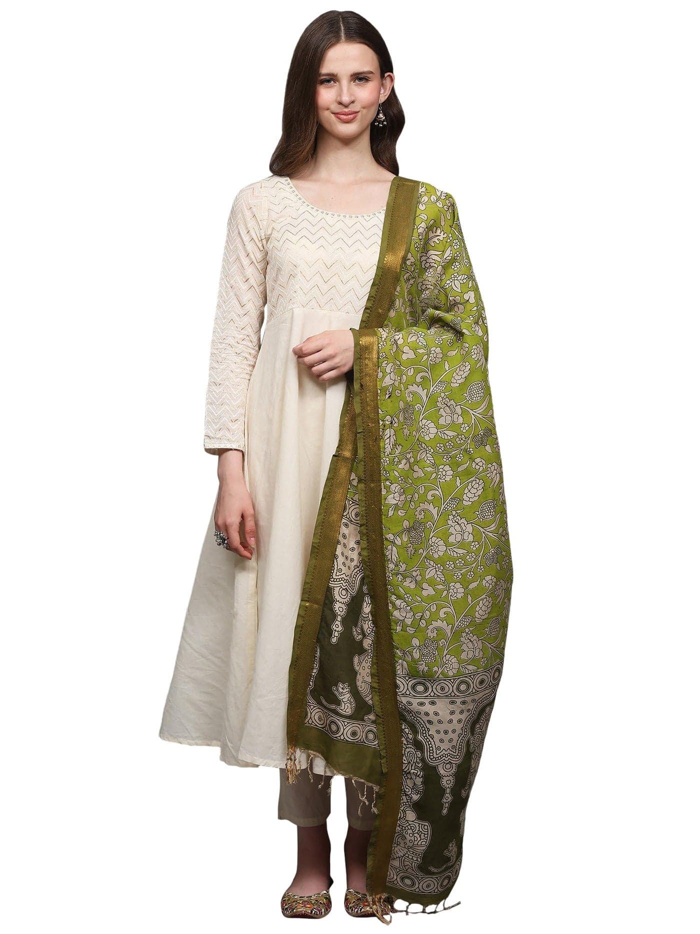 Exotic India Women Cotton Silk Kalamkari Dupatta with Lord Ganesha Printed and Floral Motifs Zari Border | Beautiful Flower Leaf Design Stole, Chunni For Girl