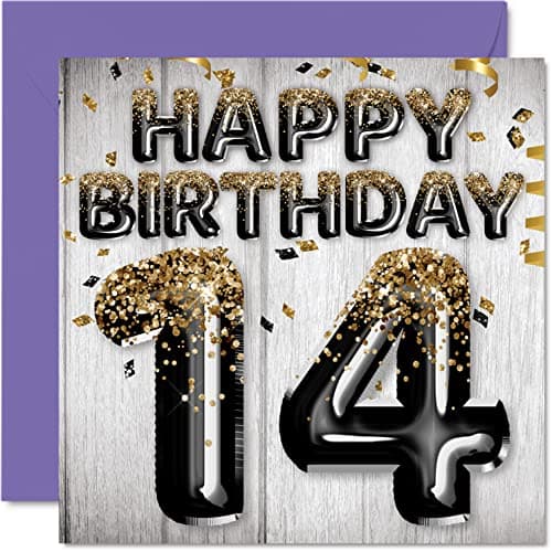 Stuff4 14th Birthday Card for Boys - Black & Gold Glitter Balloons - Happy Birthday Cards for 14 Year Old Boy Son Brother Grandson Cousin, 5.7 x 5.7 Inch Fourteen Fourteenth Greeting Cards Gift