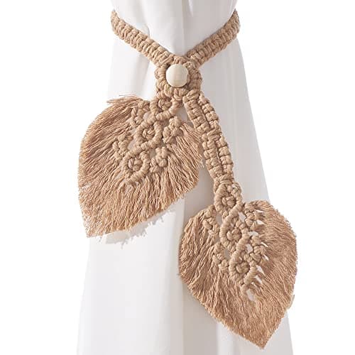 2 Pack Boho Curtain TiebacksHand Knitting Cotton Curtain Holdbacks with Adjustable Natural Wooden BeadDouble Leaves Farmhouse Theme Curtain Tie Backs for Indoor Outdoor Drapes DecorativeApricot