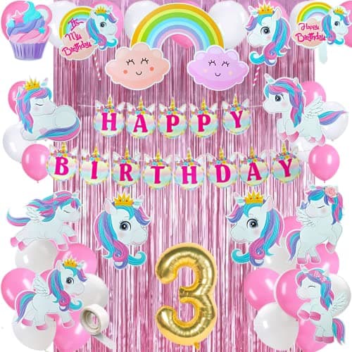 FI - FLICK IN 50 pcs 3rd Birthday Decoration for Girls Kit Unicorn Theme Bday Decorations Items Pink Curtain Unicorn Cutouts 3rd Birthday Decoration for Baby Girl (Pack of 50,Pink & White)
