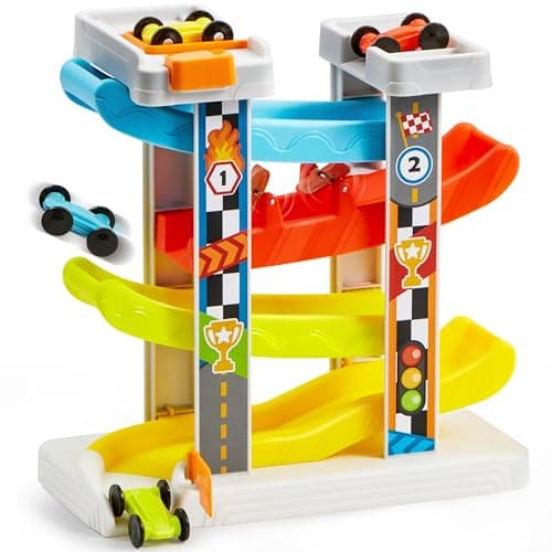 JOVA lalalark Toddler Toys for 18M Boy and Girls Race Track Car Ramp Toy with 4 Cars and Multiple Parking Spaces Easter Basket Stuffers Birthday Gifts for Baby Toddler Kids Indoor Outdoor