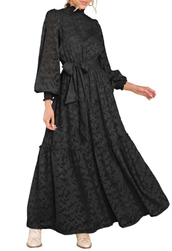 MITILLY Women's Fall Dresses Elegant Floral High Neck Long Sleeve Elastic Waist Formal Maxi Dress with Belt Large Black