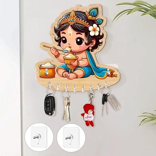 Rousrie Baby Krishna Key Holder for Home Without Drill for Home Decor Stylish, Brown Wooden, No-Drill Decorative Design, Modern Style,cm, 8 Hooks for Home Office Storage