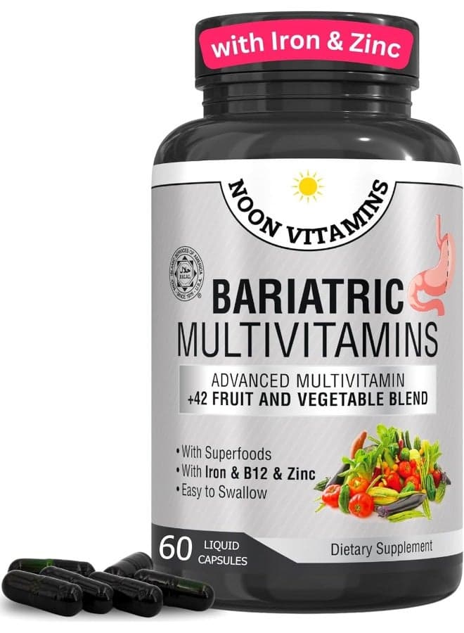 Bariatric Multivitamin with Iron for Women & Men - All-in-One 42 Superfood Blend for Energy & Immune Support - Post-Surgery Recovery, Easy-to-Swallow, Halal, Made in USA (60 Capsules)