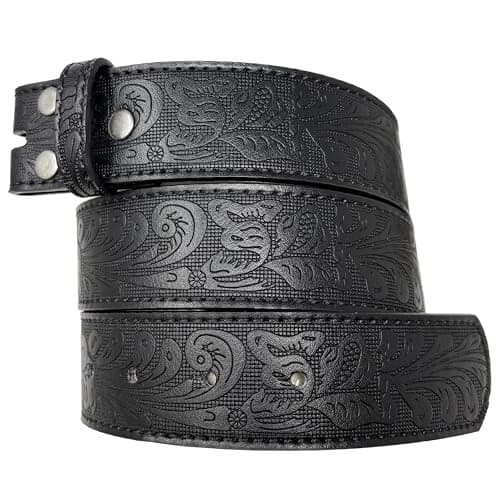 Leather Belt Strap with Embossed Western Scrollwork 1.5" Wide with Snaps (Black-XS)