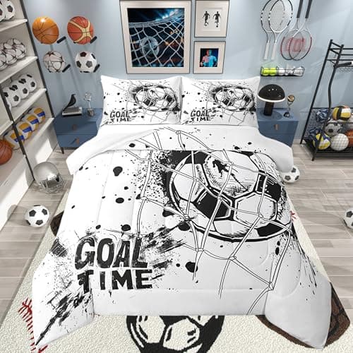 Erosebridal Kids Football Comforter Set Twin Size American Soccer Bedding Set Sports Games Duvet Sets for Boys Girls Children Teens Geometric Polygon Quilt for Bedroom, Black White