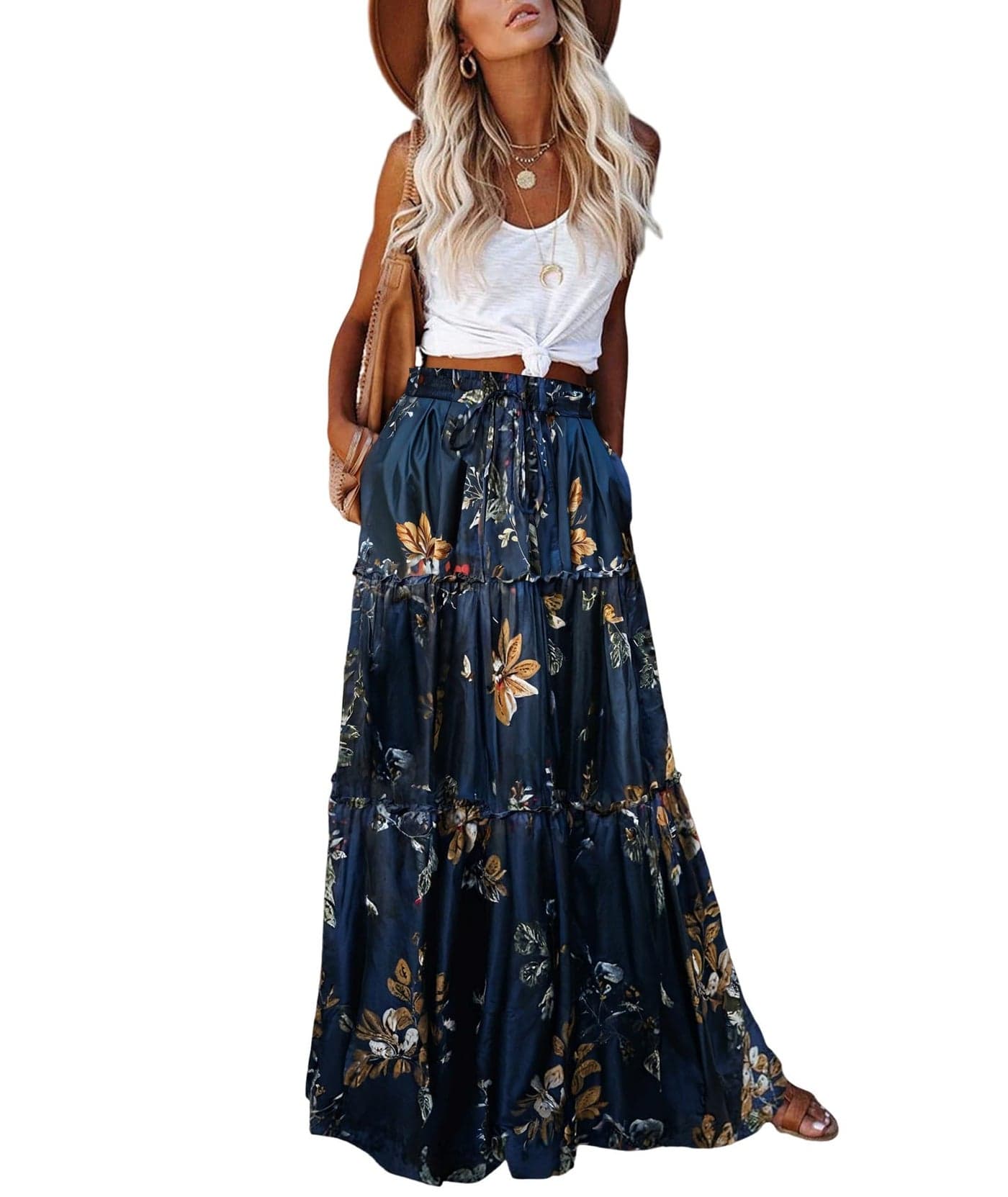 EARKOHA Womens Casual High Waist Tie Paisley Print Long Maxi Skirt with Pockets Floral Navy Blue M