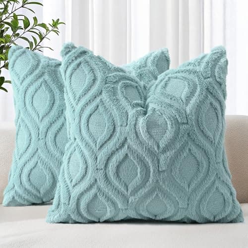 decorUhome Summer Throw Pillow Covers 26x26 Inch Set of 2 Soft Plush Faux Wool Aqua Solid Couch Pillow Covers Accent Euro Sham Farmhouse Neutral Square Pillow Cases for Sofa Bed Living Room
