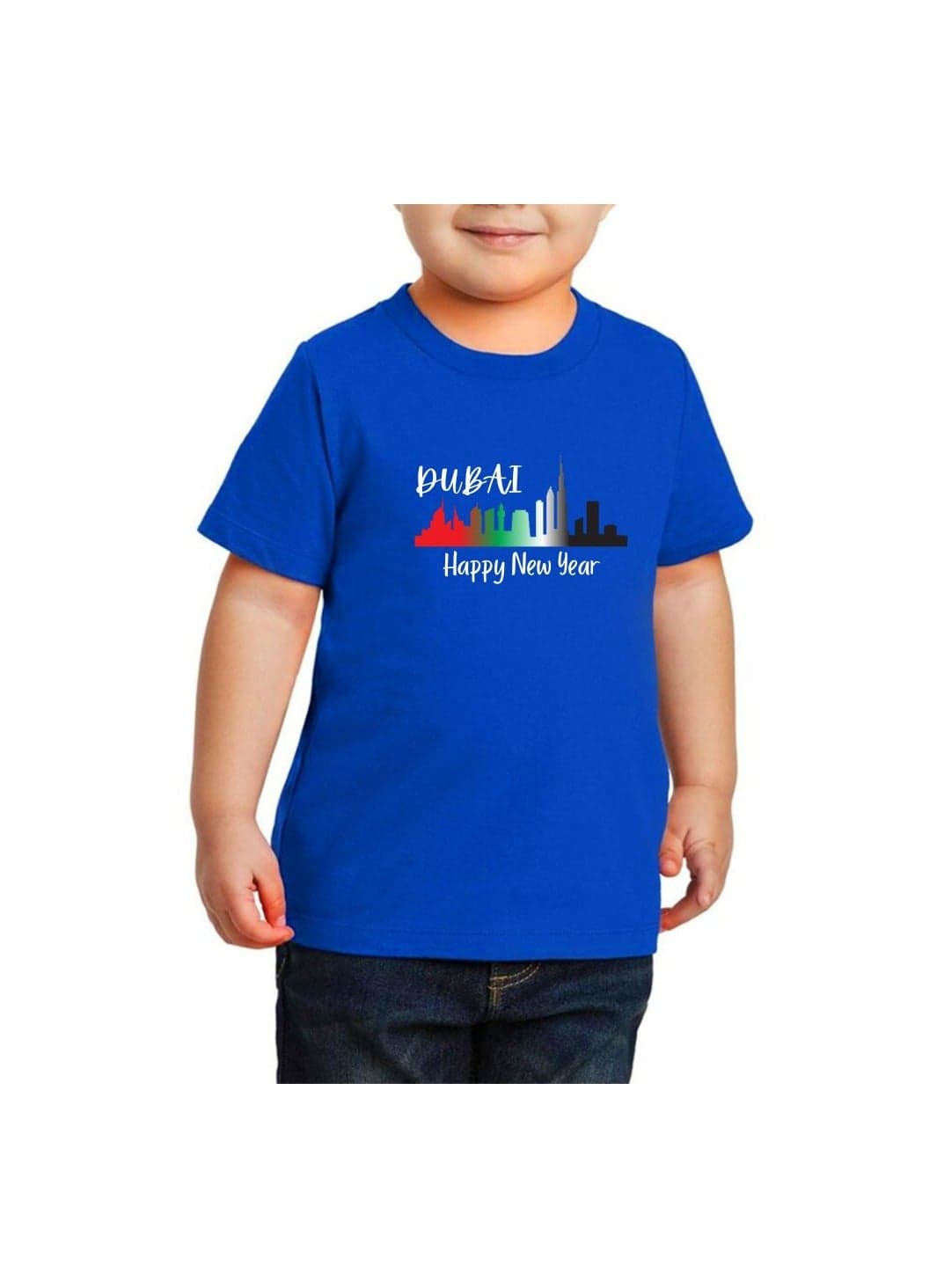 Happy New Year Dubai Kids Boys T-Shirt Round Neck Short Sleeve Cotton T-Shirt With Happy New Year And Dubai Design-Perfect For New Year Celebrations — 5-6YEARS