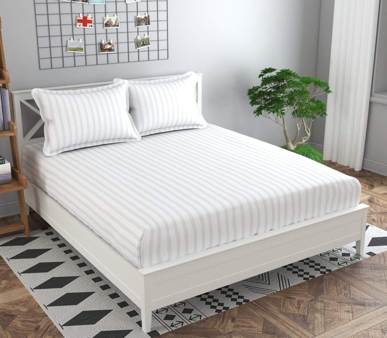 Decoholic 210 TC Glace Cotton Satin Stripes Plain Bed Sheet for Double Bed King Size with Two Pillow Covers for Home-Hotels (90x100 Inch) (White)
