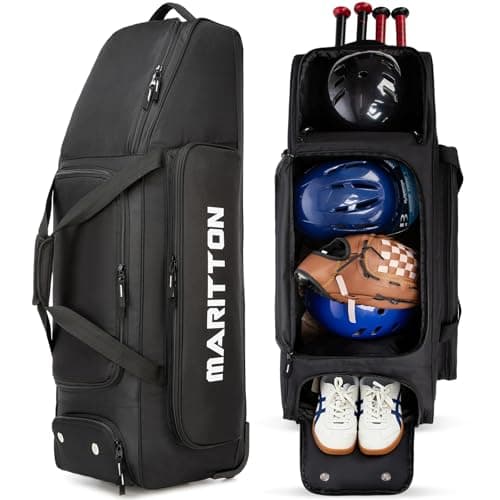 MERALIAN Rolling Baseball Catchers Gear Bag with Wheels, Large Baseball Softball Bag for 4 Bats with Shoe Compartment, Fence-Hooks and Multi-Pockets. (BLK)