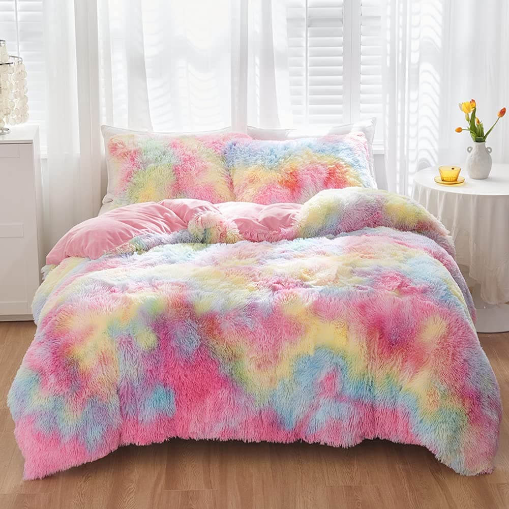 SUCSES Pink Fluffy Full Size Bedding Sets for Girls Faux Fur Plush Shaggy Kids Duvet Cover Set Colorful Rainbow Furry Comforter Cover Set Tie Dye Teen Girl Bed Set Pink Full