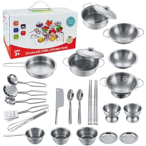 Tiny Classic Stainless Steel Kitchen Toys Cooking Utensils SetPretend Play Pots Pans Toy Cookware Kits for Kids Cooking Utensil Set Interactive Learning Role Play Educational Toys for Kids Mini Size
