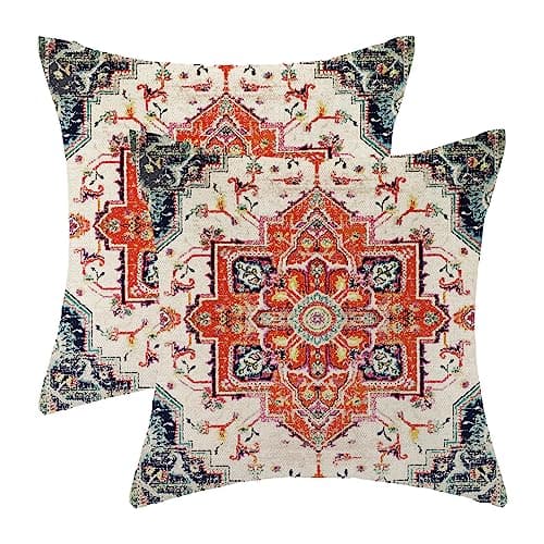 Boho Pillow Covers 18x18 Set of 2, Ethnic Design Boho Decorative Throw Pillows Linen Orange Carpet Pattern Farmhouse Bohemian Cushion Pillow Covers for Sofa Couch Outdoor Decor