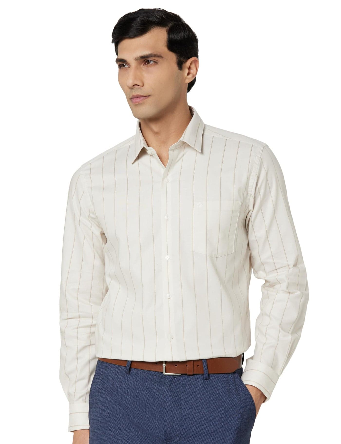 Arrow Men Slim fit Cotton Striped Long Sleeves Semi-Cutaway Collar Shirt(ARAEOSH1646_Beige_40)