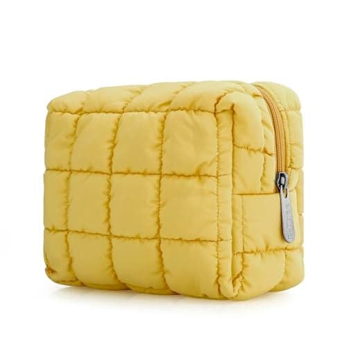 E-Tree Cute Makeup Bag,Quilted Cosmetic Bag,Make up Pouch for Purse,Toiletry Zipper Pouch,Checkered Bag,Travel Case,Storage Pouches for Organization (Yellow)