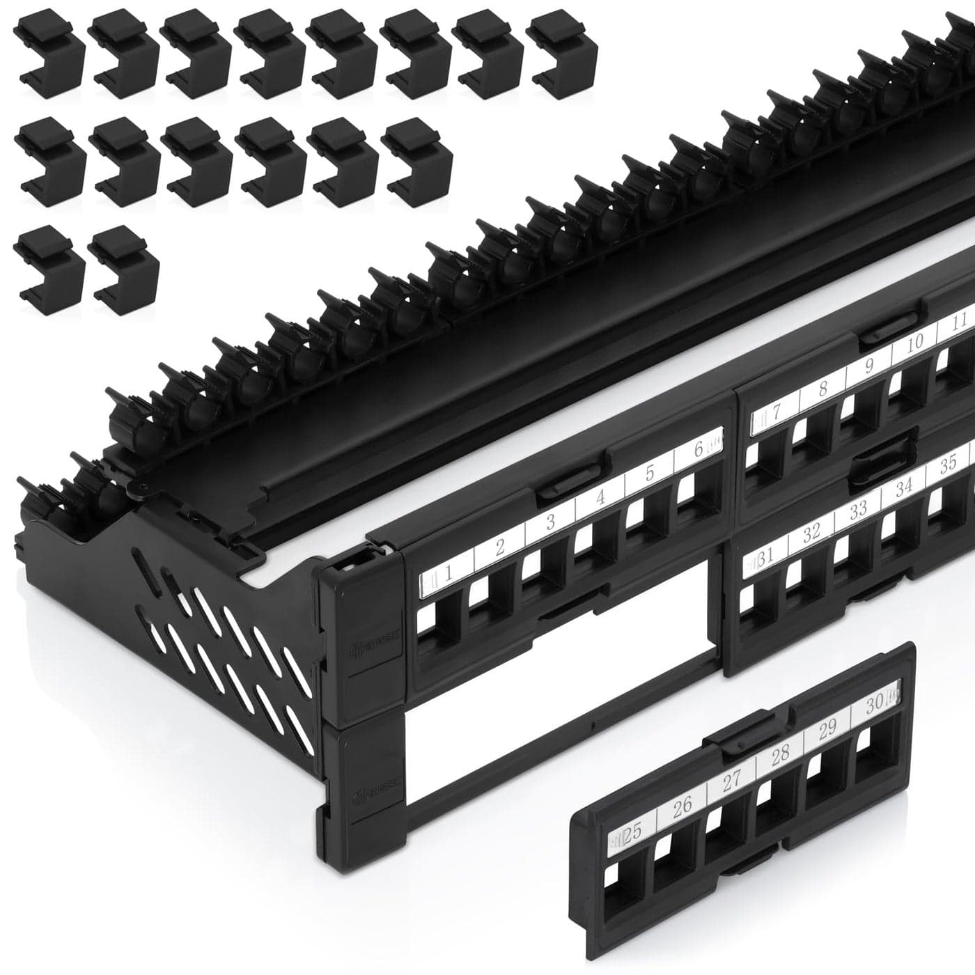 Everest 48 Port Keystone Patch Panel 1Pack Removable 6Port Panels Use with Slim Profile Keystones ONLY Wider Jacks May not fit Side by Side 16 Blank Keystone Jack Inserts Included