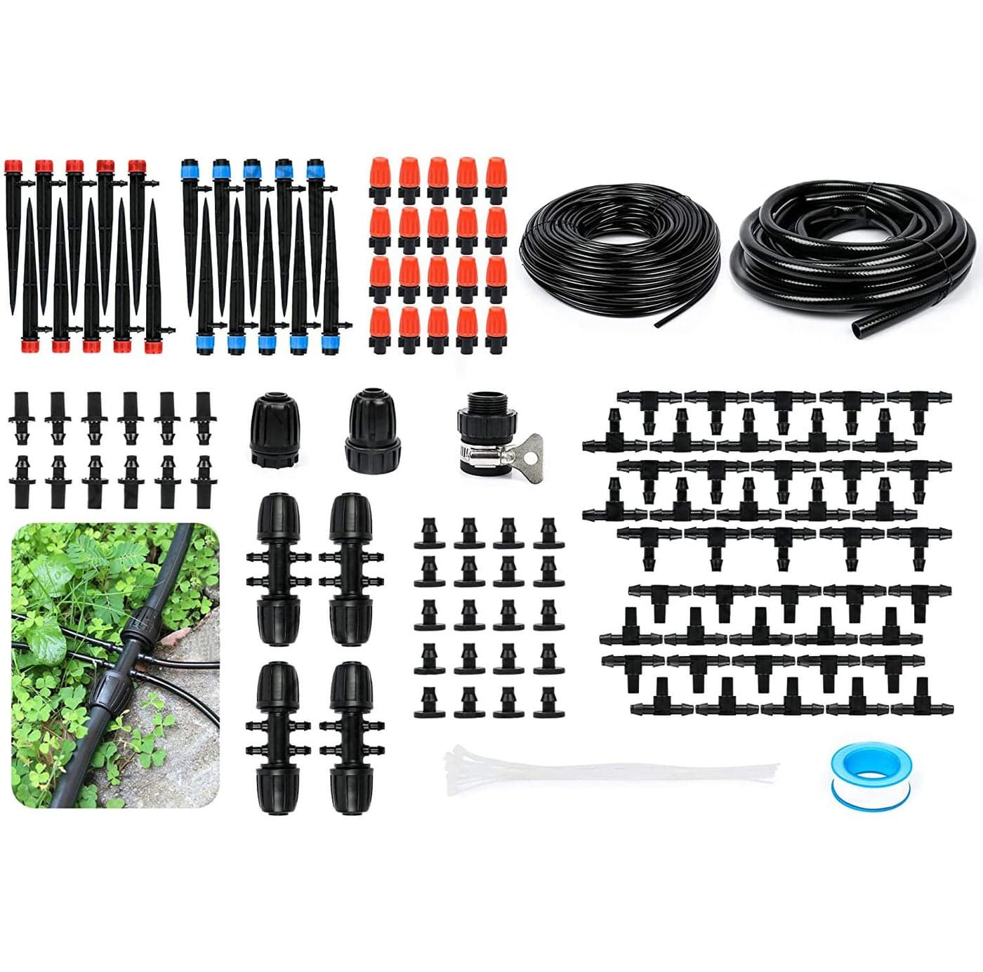HASTHIP® Slow Irrigation System Kit, 196ft & 26ft Garden Hoses, Sprinklers with 3 Types, Drip Irrigation Kit Universal 1/2'' & 1/4'' Drip Irrigation Accessories Kit