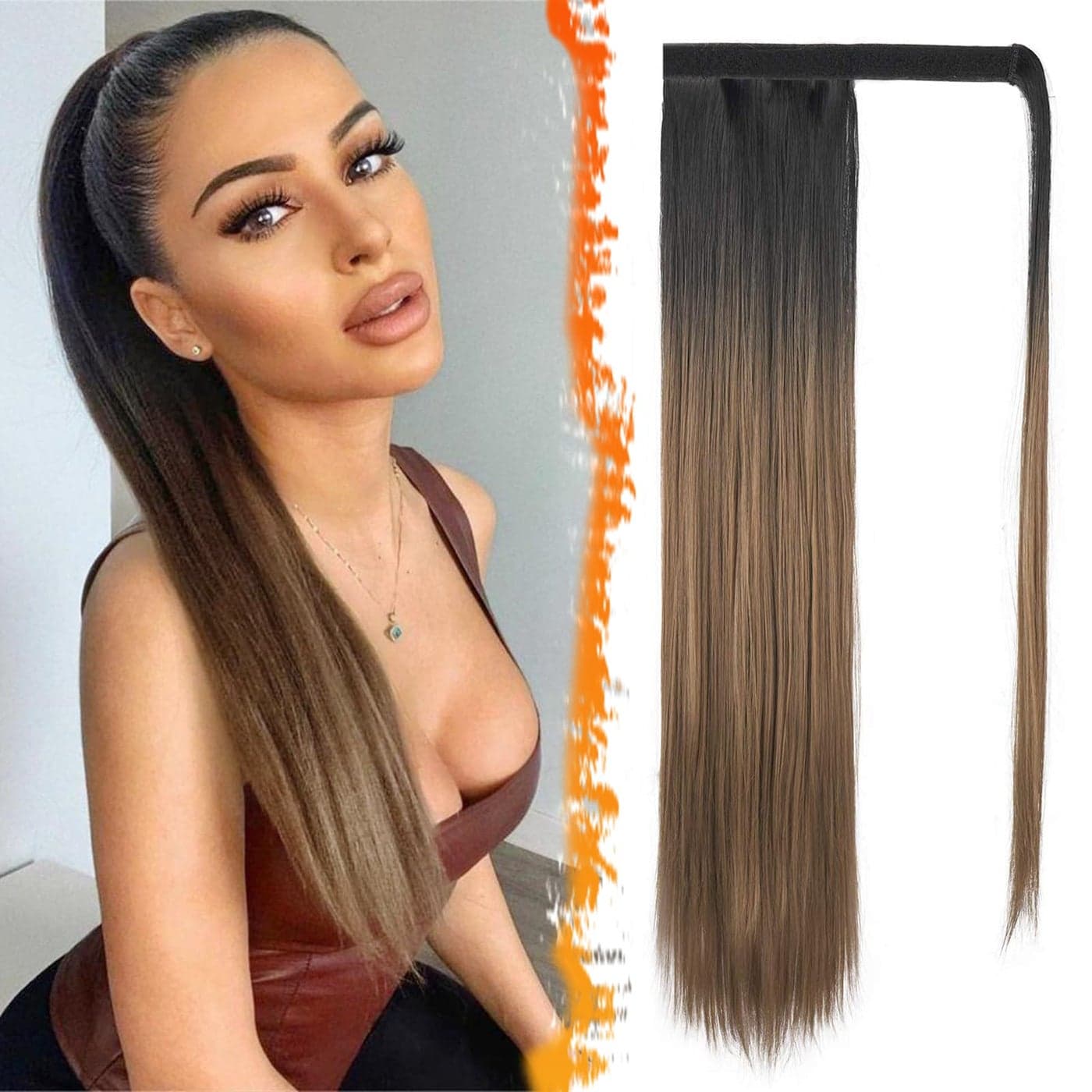 BARSDAR Black Ombre Blonde Straight Ponytail Extension 26 Inch Long Straight Wrap Around Ponytail for Women Clip in Ponytail Hair Extensions Synthetic Ombre Pony Tails Hairpieces Daily
