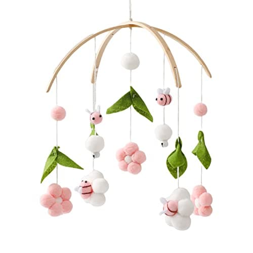 OESSUF Baby Mobile for Crib Crib Nursery Mobile for Boys Girls Boho Bee Flower Nursery Decor Soothe Toy Baby Shower Set for Infant Bedroom Hanging Decoration Toy Pink