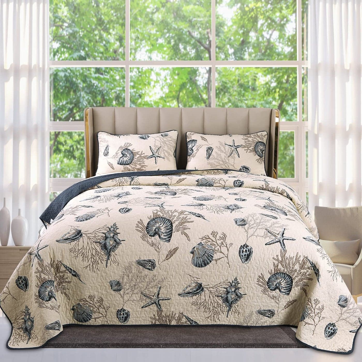 Qucover Coastal Quilts King Size 3Pieces Blue Shell Starfish Beach Themed Bed Spreads Soft Breathable Cotton Coastal Bedspreads King with Pillow Shams All Seasons 98x106 Inch