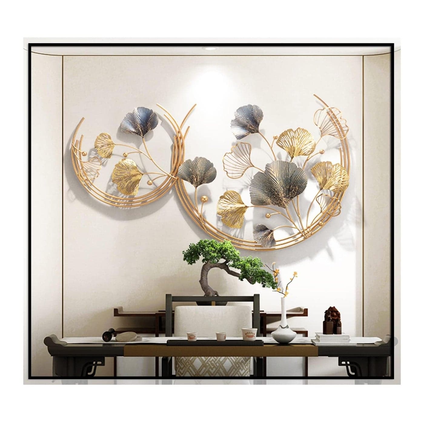 CDDUOLA 3D Room Wall Decor Handmade Art Metal Round Golden Ginkgo Leaf Decorative Wall Sculpture for Home Living Room And Bedroom 2 Pack