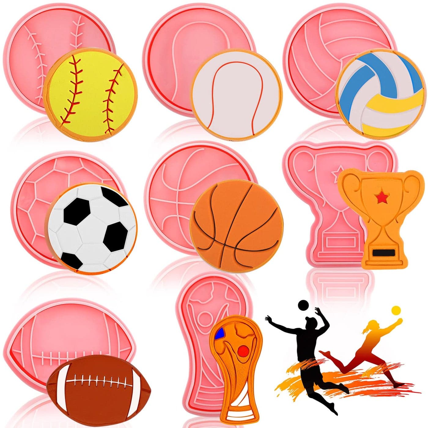 8 Pieces Sport Ball and Birthday Cookie Stamps with Plunger Cutters Set 3D Football Volleyball Soccer Basketball Cake Flower Shape Biscuit Cutter Cookie Stamps for DIY SuppliesBall Style