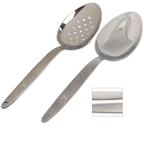 BNAZIND Kunz Perforated and Regular Set | Pack of 2 | 18/10 Stainless Steel | 9 Inch Cooking Dinner Serving Basting Quenelle Chef Spoon |