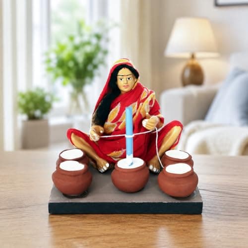 Niharika Collections Krishnanagar Handmade Clay Gift & Décor | Basic- Sitting Human Figure Miniature Idol - Butter-Churning Woman, 12 x 10 Cm, Multicolour