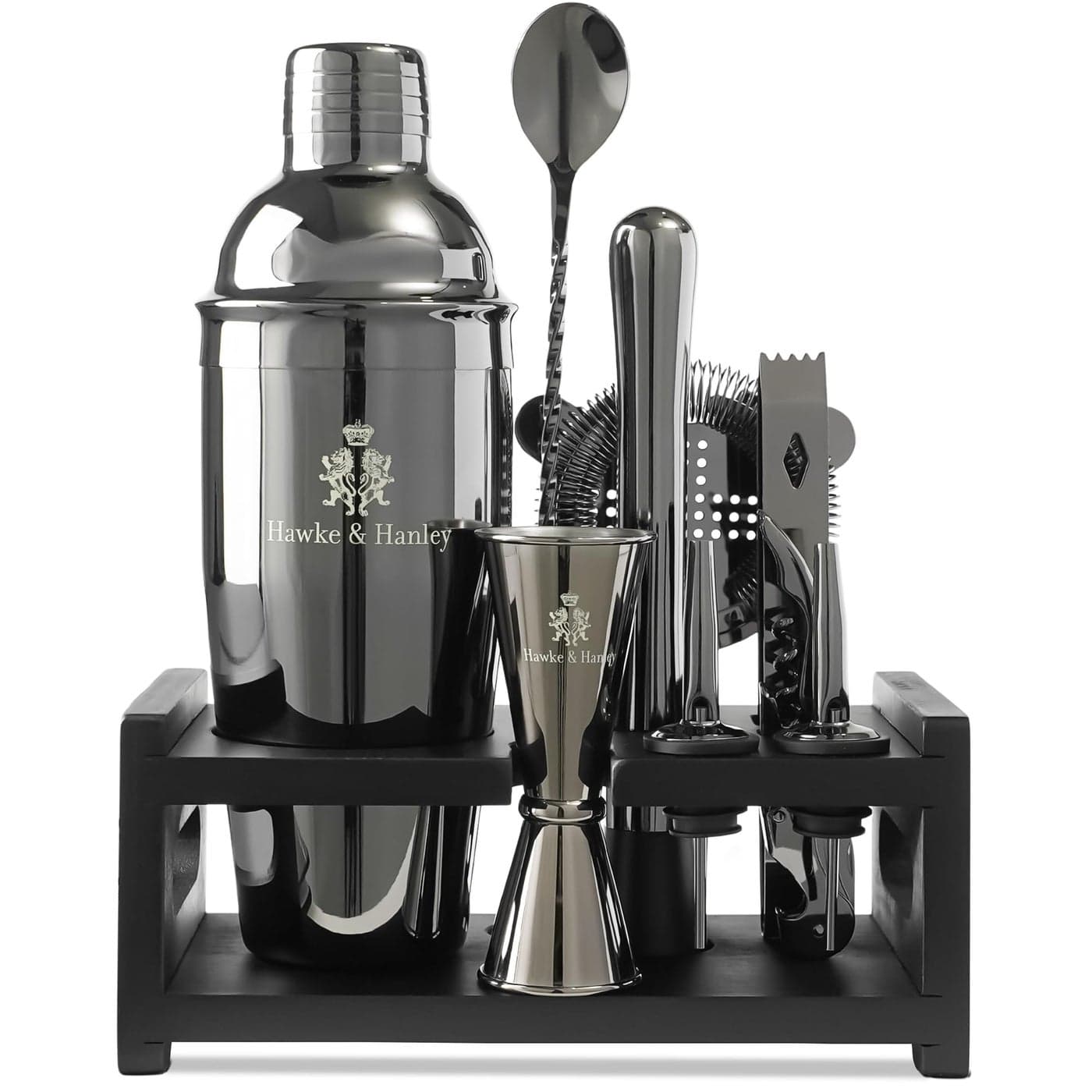 Hawke Hanley Mixology Bartender Kit Cocktail Shaker Bar Set with a Martini Shaker Bar Tools and Black Bamboo Stand Bartending Kit with Recipe Book Unique Housewarming Gift Black