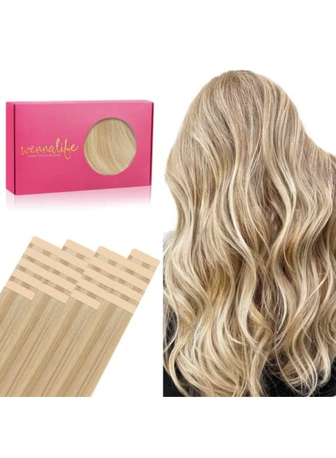 WENNALIFE Tape in Hair Extensions Human Hair 20pcs 50g 24 inch Light Blonde Highlighted Golden Blonde Remy Hair Extensions Straight Human Hair Tape in Extensions Skin Weft Tape Extensions Human Hair