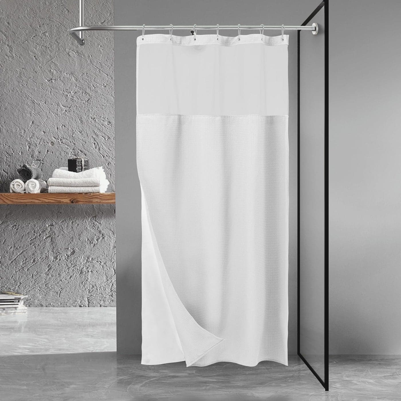 NY HOME Stall Waffle Weave Shower Curtain with Snapin Fabric Liner Hooks Set 36 x 72 Small Shower Stall Size Hotel Style Mesh Top Window Machine Washable 36x72 White