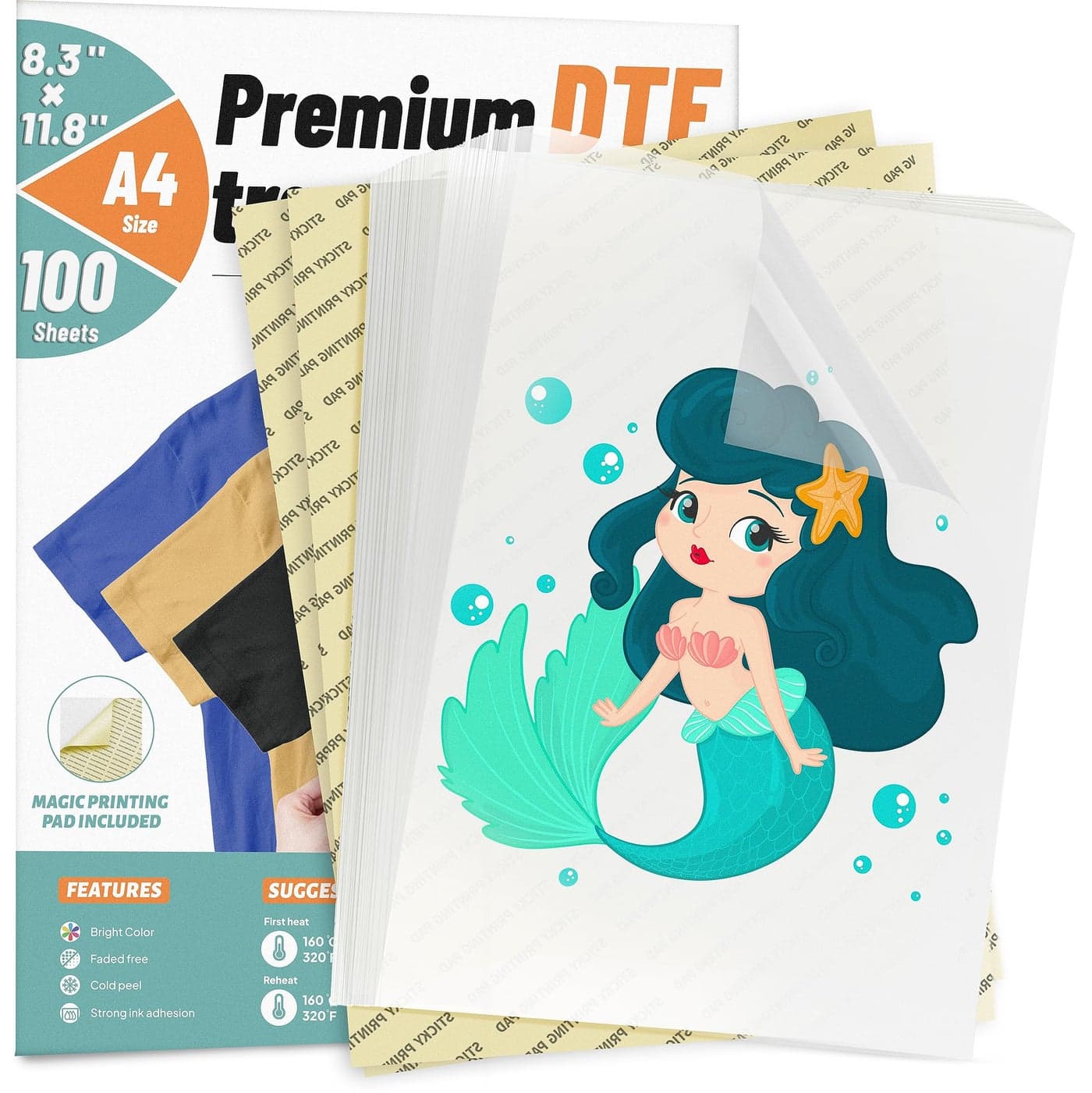 KASYU DTF Transfer Film with 2 Pcs Smart Printing Pads for All Sublimation and DTF Printers 100 Sheets 85x11 Inch DTF Paper for All Color Fabric