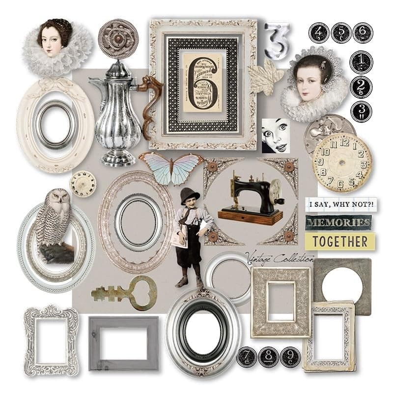 Vintage Junk Journal Items Kit Pre Cut Paper Cards Cutout Cardstock Art Aesthetic Decor Hollow Out Craft Elements Small Embellishments Supplies for Adults Scrapbook Pack Photo Frame Silvery