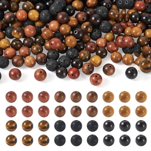 KISSITTY 300Pcs 6 Style Natural Wood Round Gemstone Beads Kit for Easter 8mm Lava Rock Bead Grade AB Tiger Eye Wood Bead Natural Polished Wooden Ball Loose Beads for Men Bracelet Jewelry Making