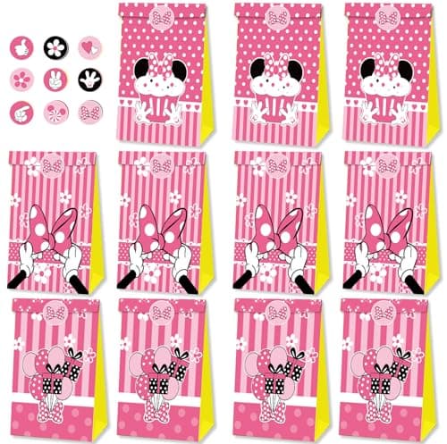 Fprl 24 Pcs Mouse Party Favor Bag Paper Goodie Bags Paper Gift Bag Birthday Party Supplies Candy Bag with Stickers for Adults Birthday Decorations
