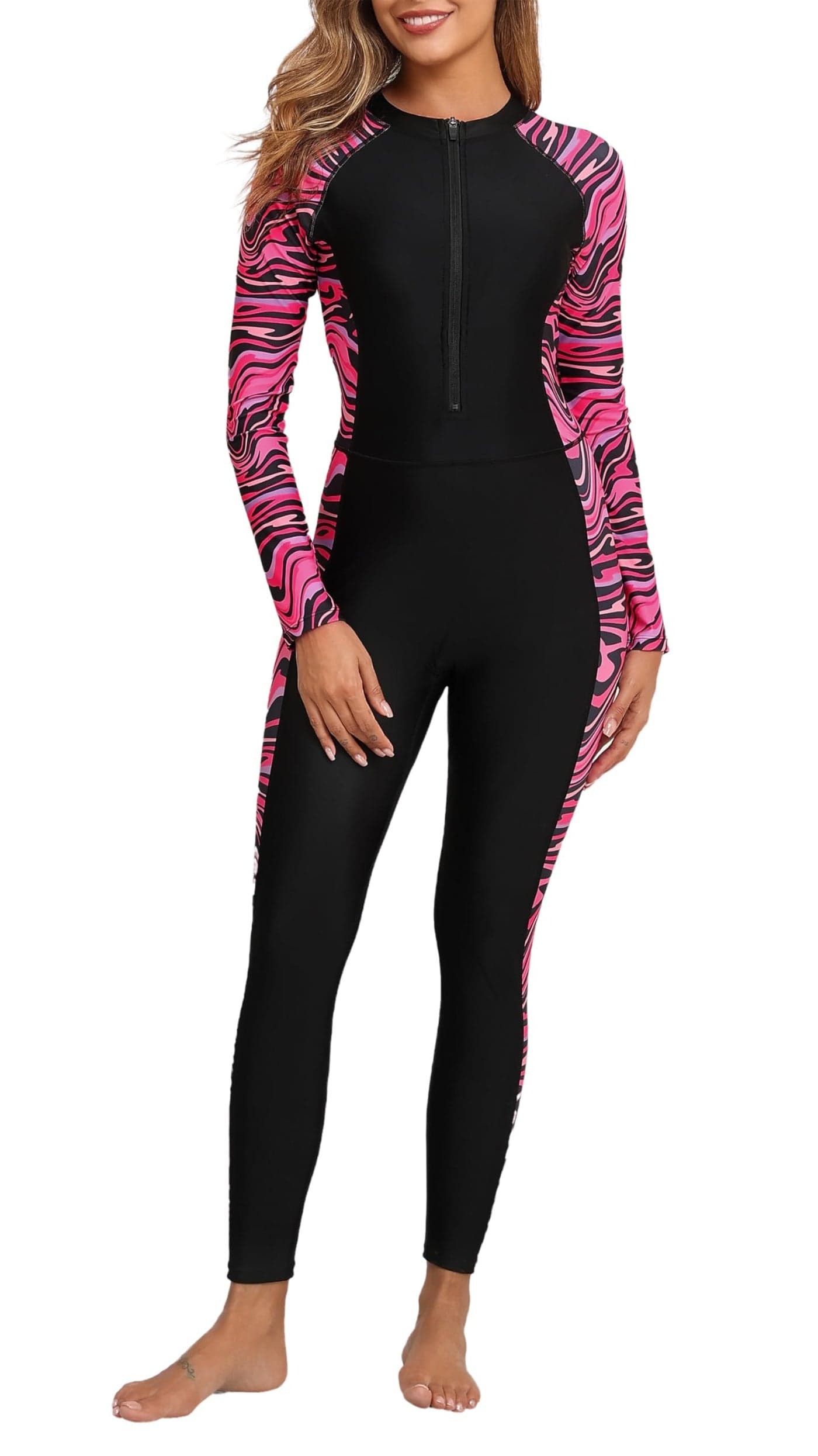 ALLTOKE Womens Full Body Zip Front Rash Guard Long Sleeve One Piece Bathing Suit with Built in Bra UPF50 Surf Swimsuit Black Rose Red Zebra XL