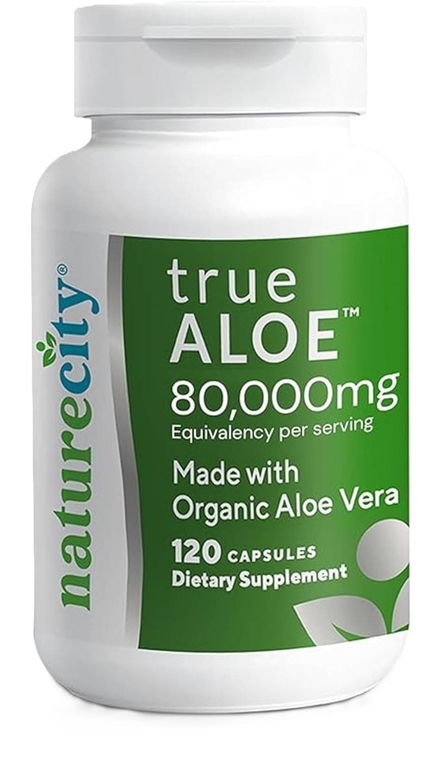 NatureCity TrueAloe 80000mg Aloe Vera Gel Equivalent Per Serving Made with Organic Aloe Vera 120 Capsules Digestive Skin and Joint Support Small EasytoSwallow Pills