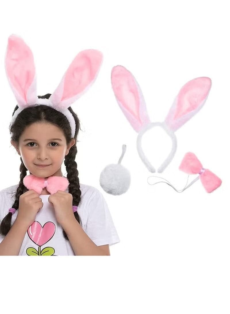 3-Piece Plush Rabbit Ears Headwear Set Including Rabbit Ears Headband, Bow Tie and Tail for Adult and Kids Cosplay Party Dress Up Accessories