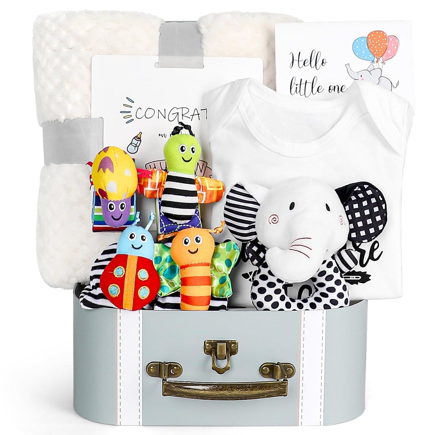 iAOVUEBY Baby Gift Set Baby Shower Gifts Black and White High Contrast Baby Toys 06 Months for Newborn Essentials Infant Rattle Socks Elephant Toys Blanket Onesies Baby Gift Basket for Girls Boys