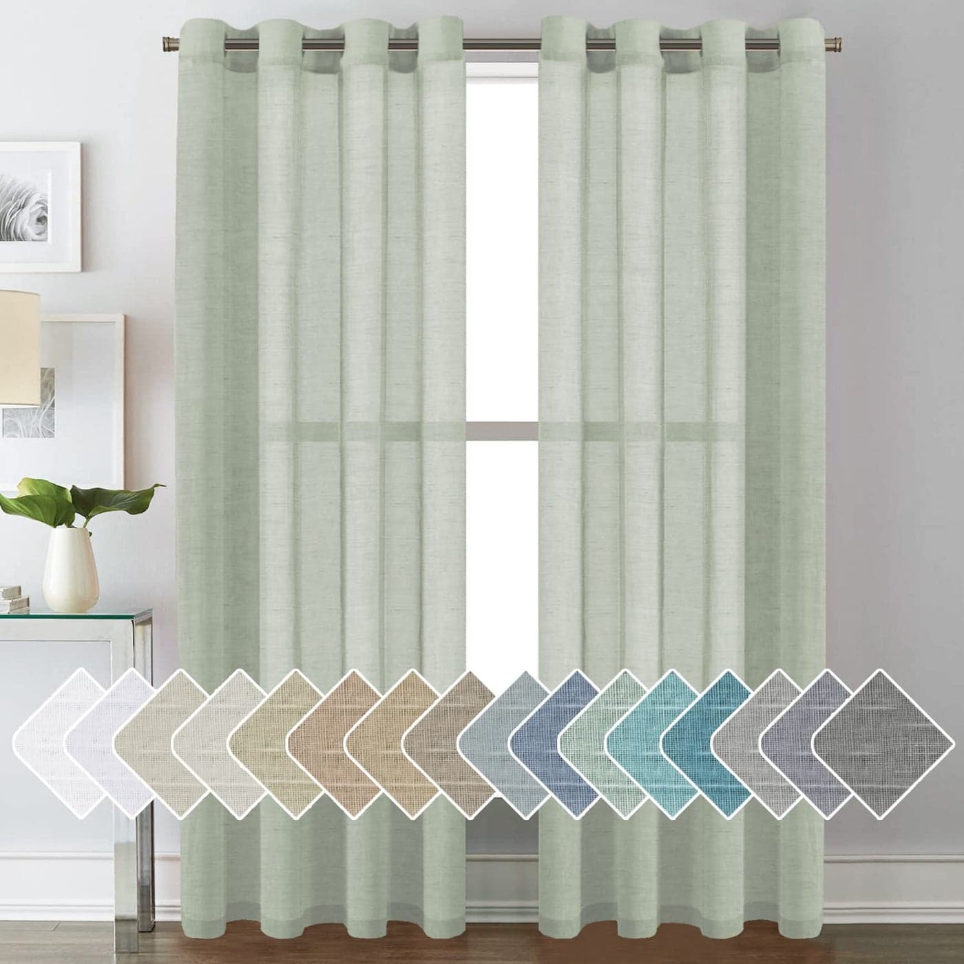 HVERSAILTEX Linen Curtains Natural Linen Blended Curtain Panels for Living RoomLight Reducing Linen Semi Sheer Curtains 84 inch Length 2 Panels Set Nickel Grommet Window Panels Sage