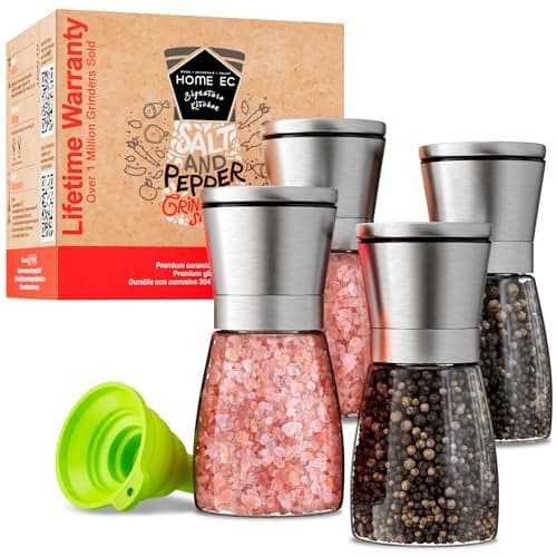 Home EC Original Stainless Steel Sea Salt and Pepper Grinder Set of 4 Adjustable Ceramic Glass Salt and Pepper Shakers Mills Modern Kitchen Spice Mill WFunnel EBook
