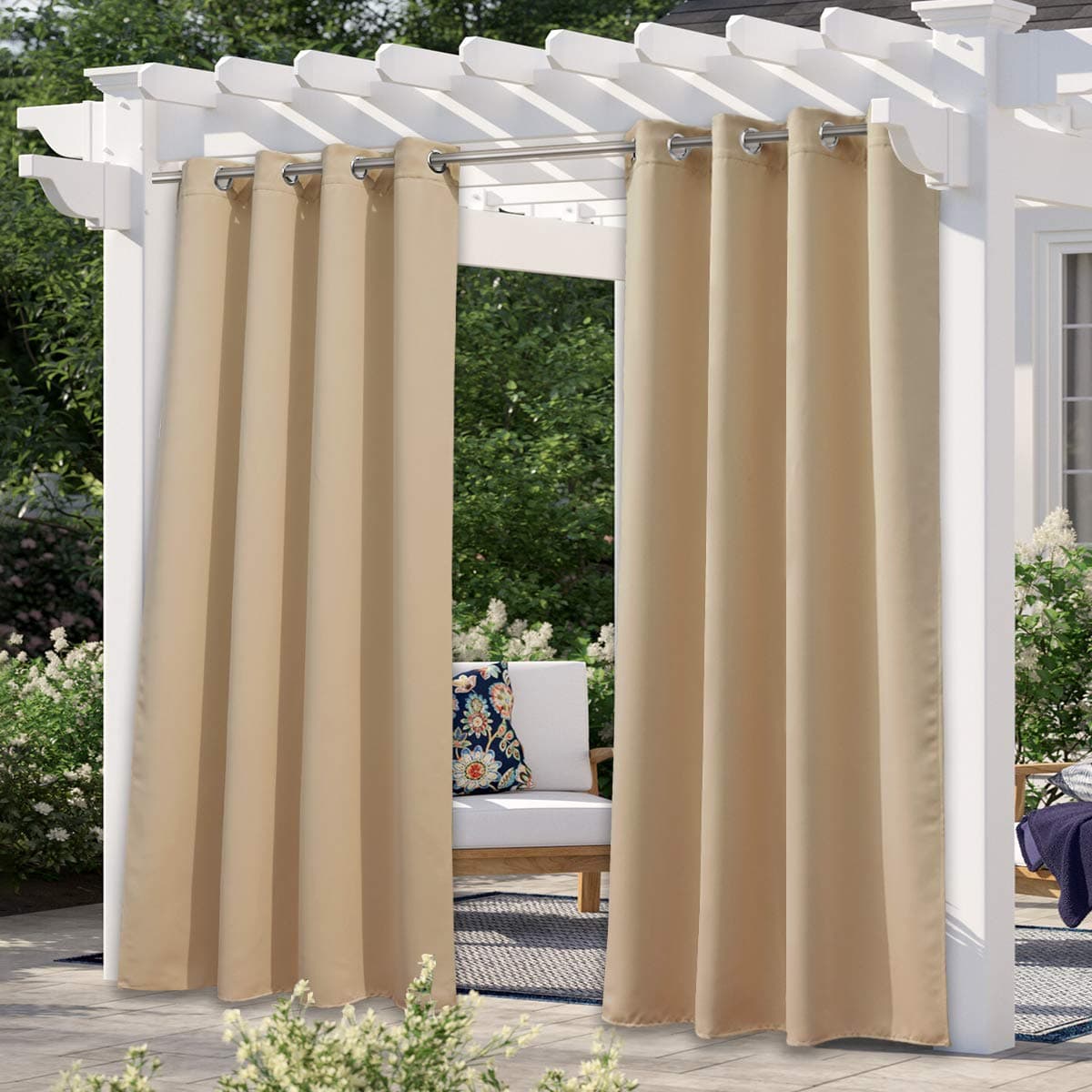 NICETOWN Indoor Outdoor Curtain for Patio Waterproof 108 Long Triple Weave Sunlight Blocking Thermal Insulated Privacy Room Darkening for Bedroom Outdoor Biscotti Beige 1 Panel 52 Wide