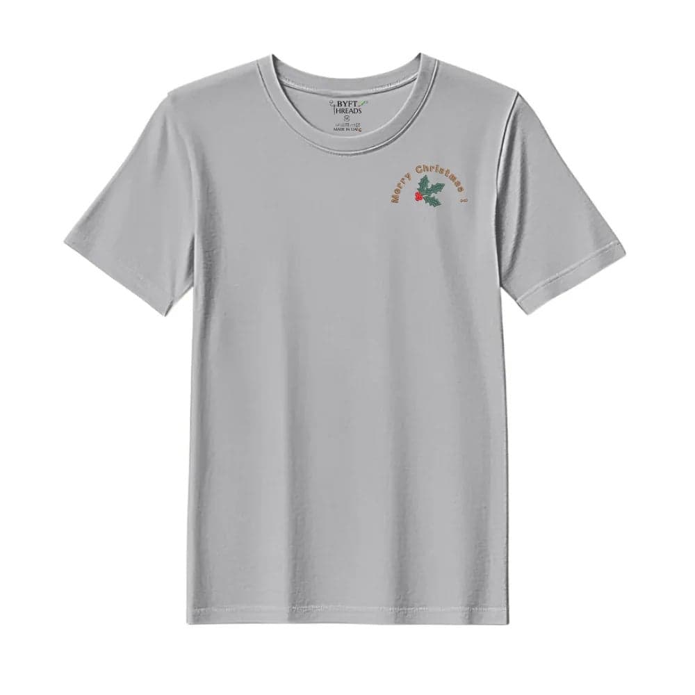 Threads XXL Grey Polycotton T-Shirt - Christmas "Merry Christmas Holly Wreath Arc" Embroidered Design, Premium Holiday Collection