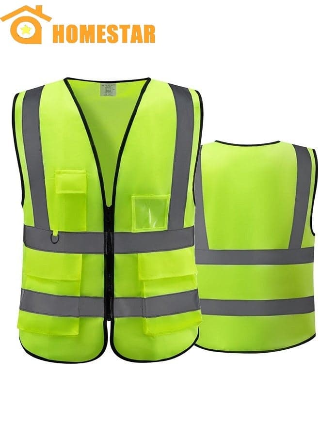 Multi-Pocket High Visibility Safety Vest, Yellow Breathable Unisex Workwear with Reflective Stripes, for Construction Roadside Work, Traffic Control, Cycling, Jogging, Outdoor Activities