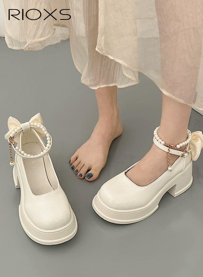 Mary Jane Shoes for Women, 6cm Mid Chunky Heel Dress Shoes, Women's Patent Leather Shoes with Bowknot and Pearl Strap, Fashion Square Toe Platform Pumps, Comfort Block Heel Shoes, Ladies Uniform Heeled Shoes, Lolita Dressy Shoes for Party Date Wedding Performance, Beige Pumps Shoes