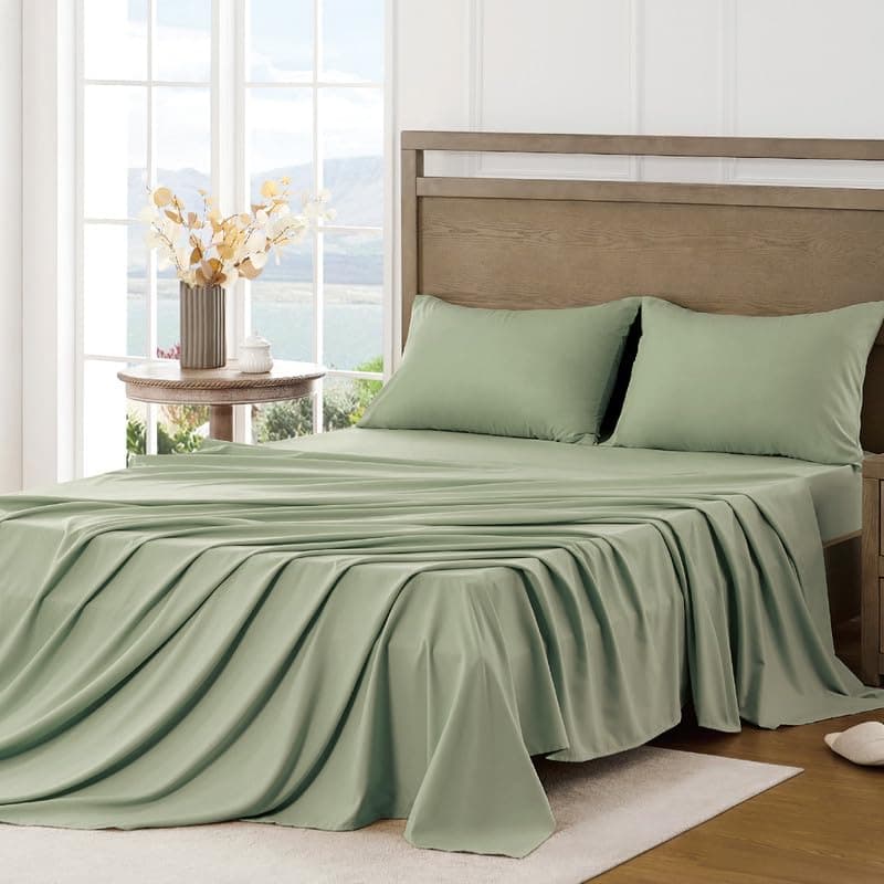 FreshCulture Queen Sheet Set Ultra Soft Sheets for Queen Size Bed Brushed Microfiber Deep Pockets Easy Care Cooling Breathable 4 Pieces Hotel Luxury Queen Bed Sheets Sage Green